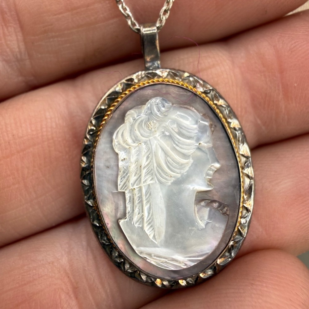 Vintage Sterling Silver Cameo Necklace Clip On Earrings Set Camexco 16"